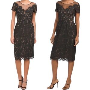 RENE RUIZ Scalloped Lace Short Sleeve Illusion Cocktail Evening Midi Dress NEW
